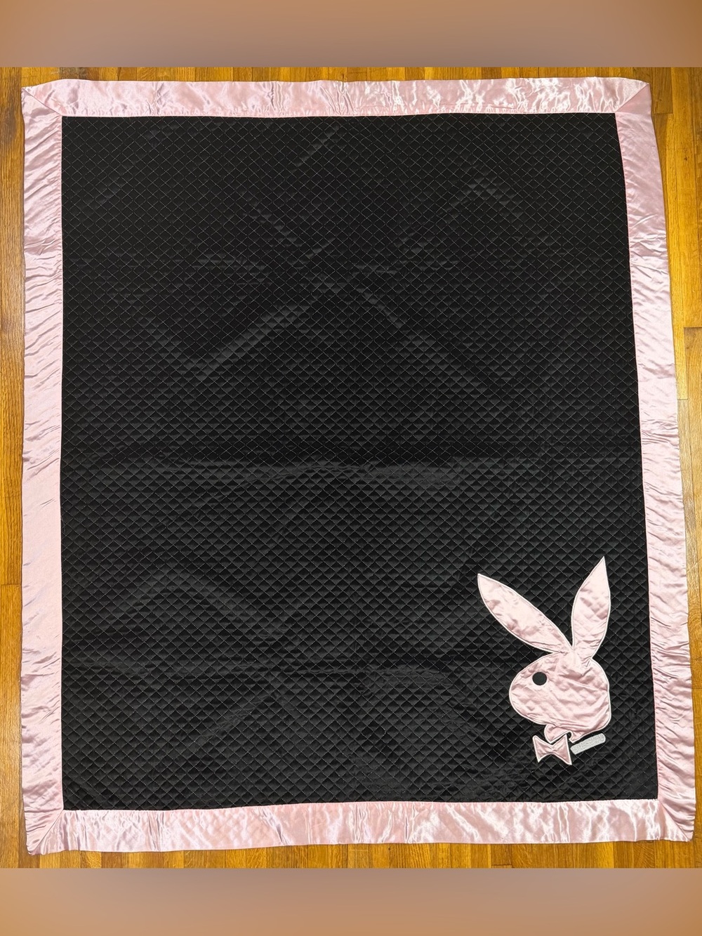 VTG Y2K Playboy Bunny Logo Black Pink Quilted Satin Applique 50x60" Blanket